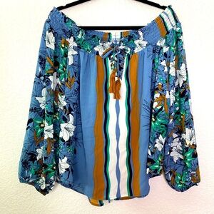 LORALETTE PLUS SIZE 2X TOP OFF SHOULDER FLORAL STRIPPED BLUE BLOUSE NWT